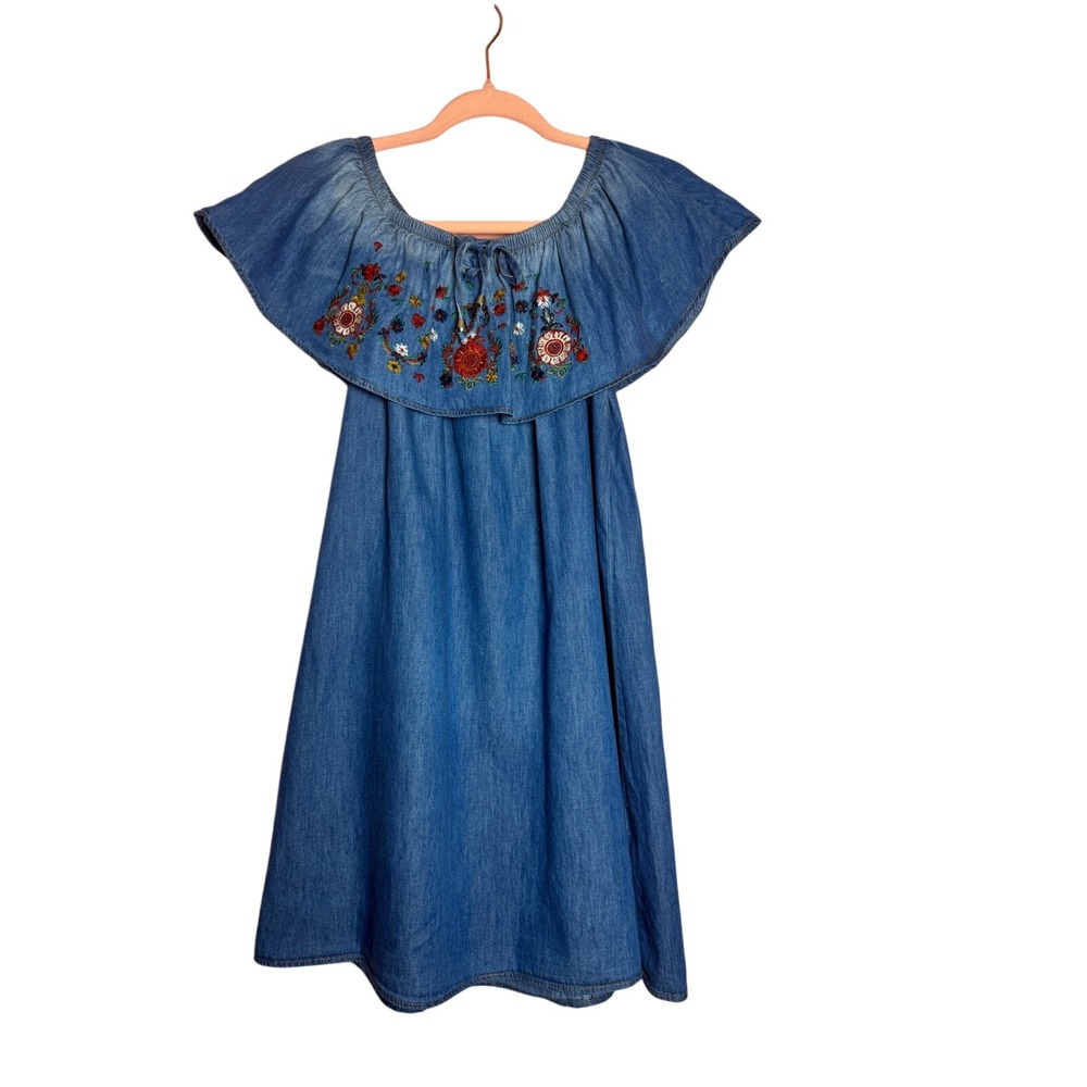 Reflection Womens Blue Chambray Denim Floral Embroidered Off Shoulder Mini Dress